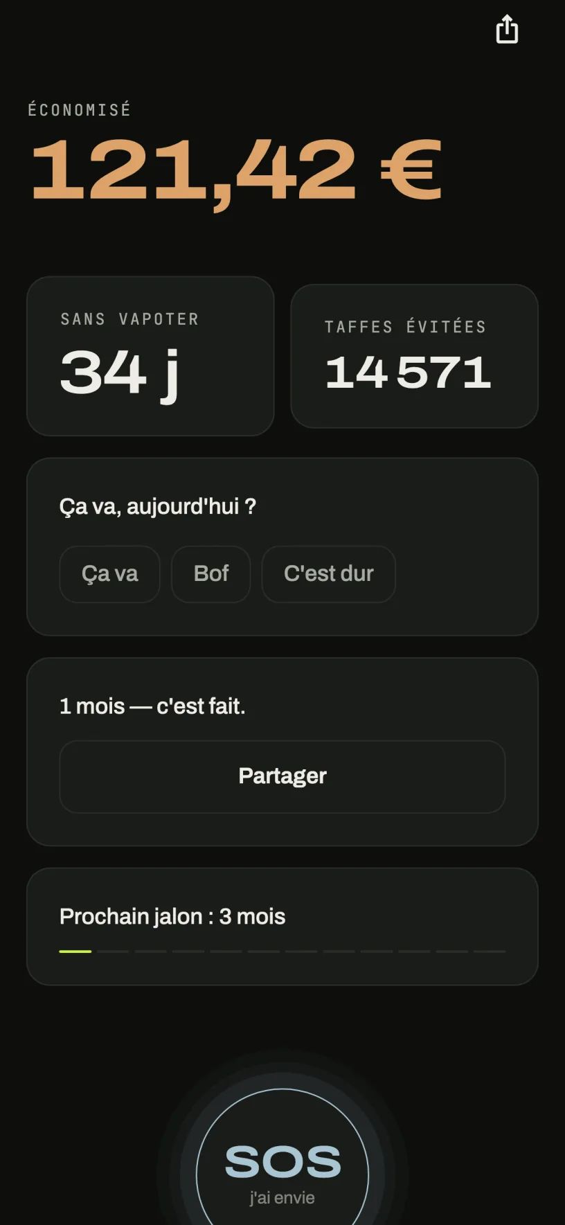 Accueil de Sevro : 121,42 € économisés, 34 jours sans vapoter