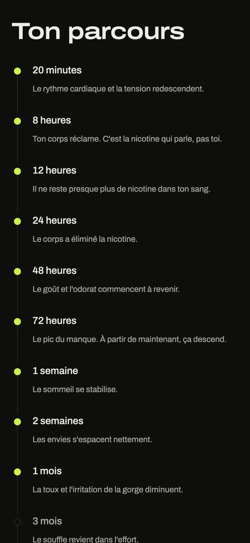 Écran Ton parcours listant les paliers franchis